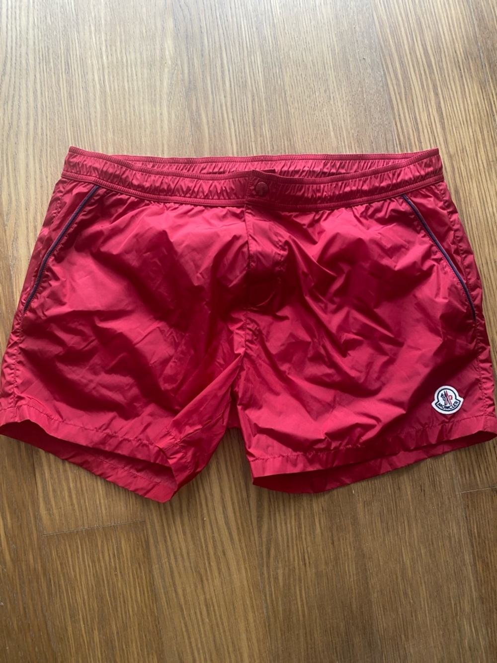New Moncler Red Nylon Swim Trunks Shorts with Logo Patch Size XXL